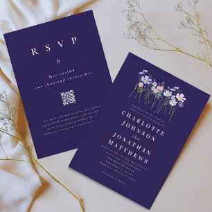 Convites Código QR Floral de Flores Silvestres Azul Marinho