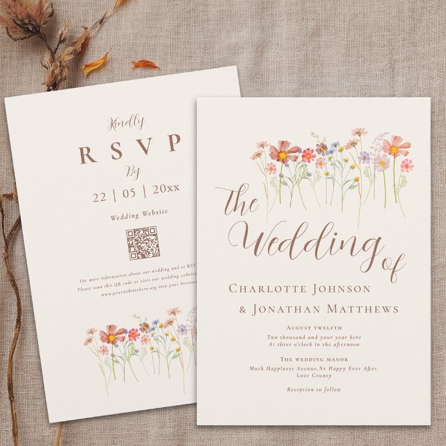 Convites Código QR Floral de Flores Silvestres de Outono Bo (Boho fall wildflower floral wedding qr code invitation Watercolor garden meadow flowers elegant )