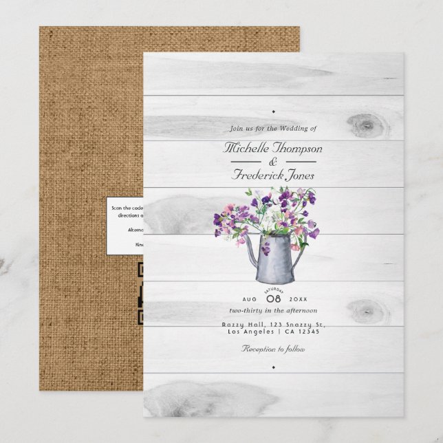 Convites Código QR Floral de Jardim Rústico Country para Ca (Frente/Verso)