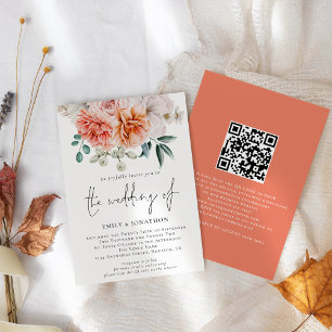 Convites Código QR Floral de Peônias de Pêssego Casamento