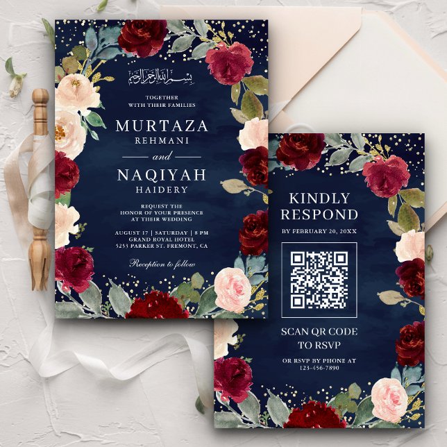 Convites Código QR Floral de Pêssego Borgonha Casamento Muç (Criador carregado)