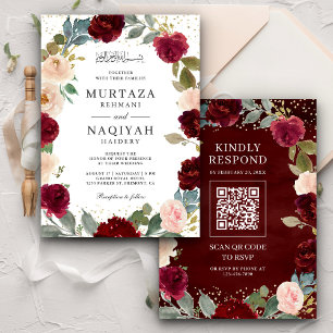 Convites Código QR Floral de Pêssego Borgonha para Casament