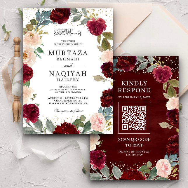 Convites Código QR Floral de Pêssego Borgonha para Casament (Criador carregado)