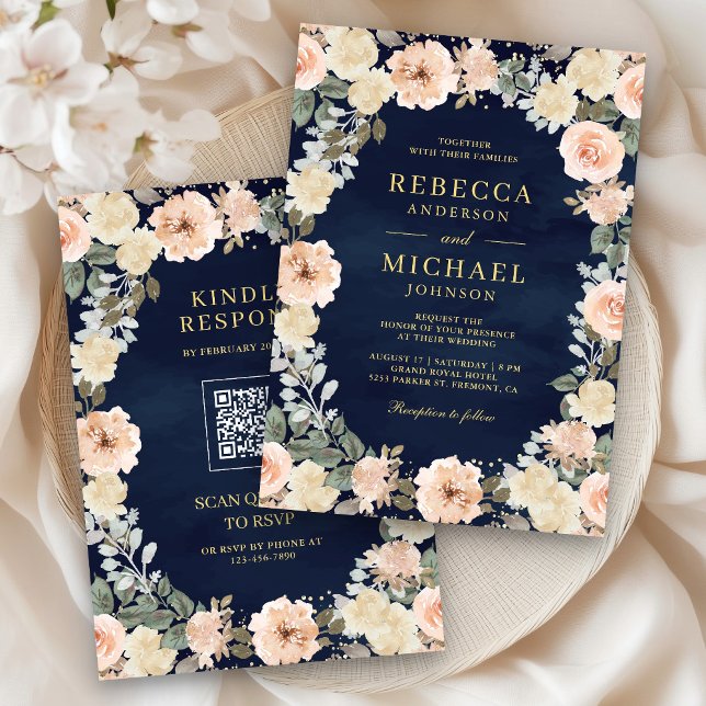 Convites Código QR Floral de Pêssego Empoeirado Rústico Cas (Criador carregado)