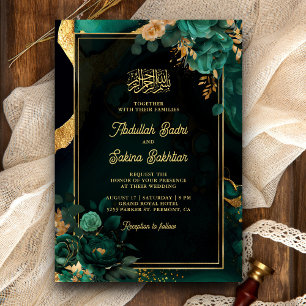 Convites Código QR Floral Dourado Esmeralda Verde Casamento