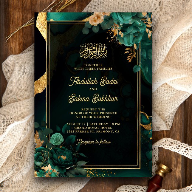 Convites Código QR Floral Dourado Esmeralda Verde Casamento (Criador carregado)