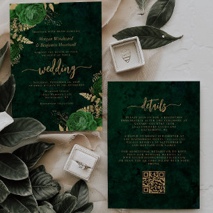 Convites Código QR Floral Dourado Esmeralda Verde Casamento