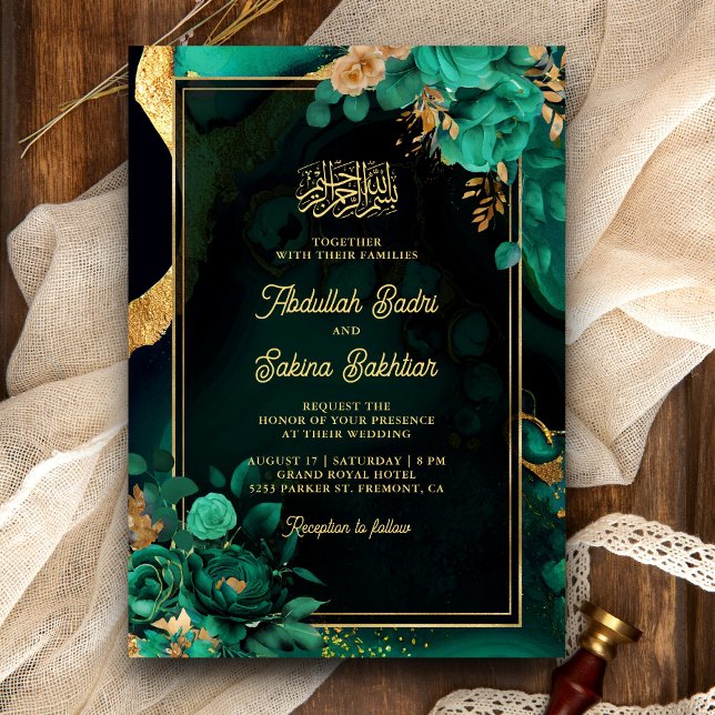 Convites Código QR Floral Dourado Verde Hortelã Casamento M (Criador carregado)