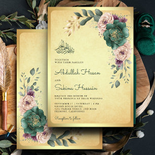 Convites Código QR Floral Esmeralda Vintage Casamento Muçul