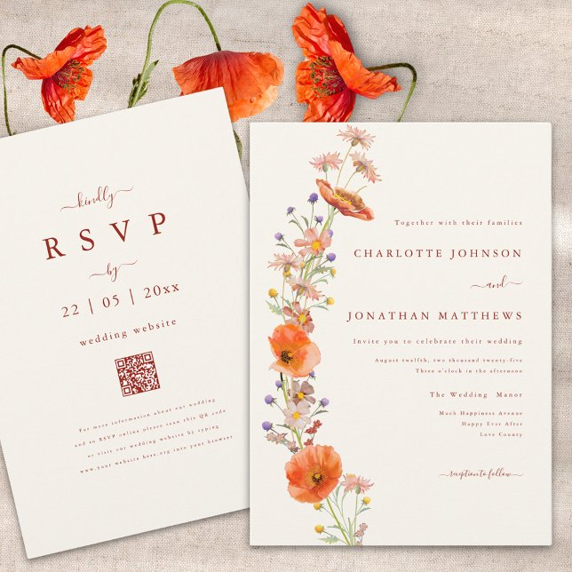 Convites Código QR Floral Laranja Marrom de Flor Silvestre  (Elegant boho wildflower fall wedding invitation with qr code and burnt orange script )