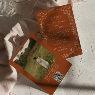Convites Código QR Floral Laranja Queimada Foto Casamento B