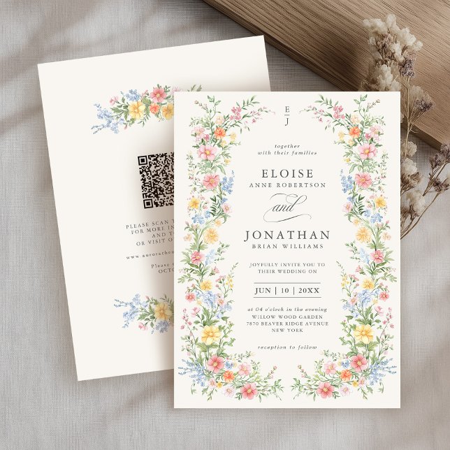 Convites Código QR Floral Ornate de Primavera com Pastel Su (Soft Pastel Ornate Spring Floral QR Code Wedding Invitation)