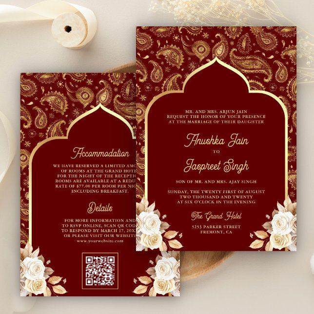 Convites Código QR Floral Paisley Dourado Vermelho Casament (Criador carregado)