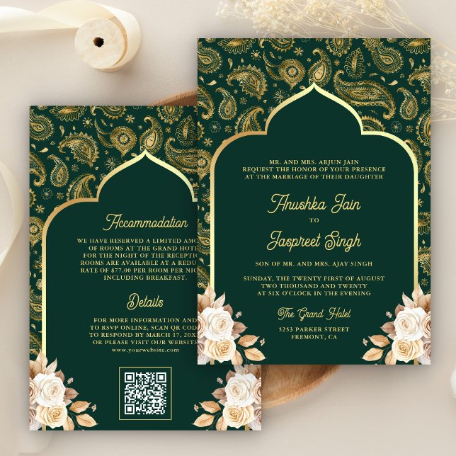 Convites Código QR Floral Paisley Ouro Esmeralda Casamento  (Criador carregado)