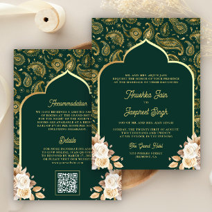 Convites Código QR Floral Paisley Ouro Esmeralda Casamento