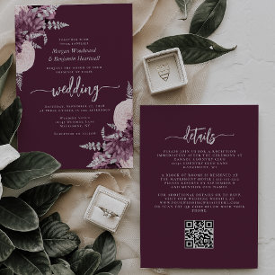 Convites Código QR Floral Prateado Malva Casamento