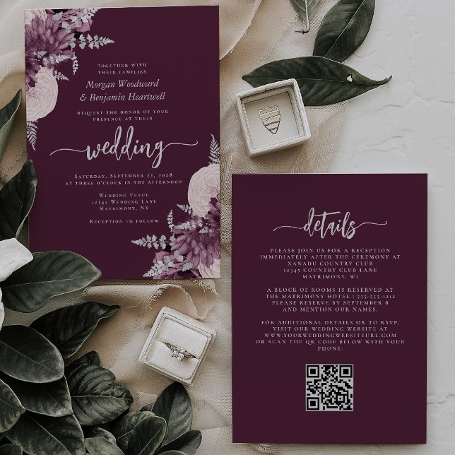 Convites Código QR Floral Prateado Malva Casamento (Criador carregado)