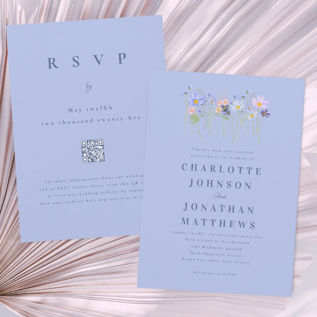 Convites Código QR Floral Rosa Azul de Flores Silvestres Mo (Modern wildflower boho blue & pink watercolor floral wedding QR code invitation cornflower navy )