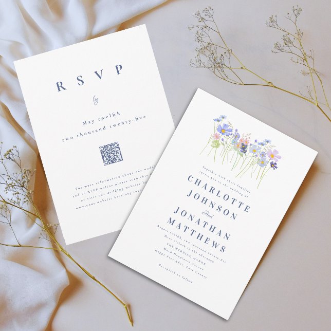 Convites Código QR Floral Rosa Azul de Flores Silvestres Mo (Boho chic wildflower meadow blue and pink watercolor floral wedding qr code invitation)