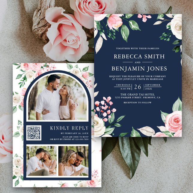 Convites Código QR Floral Rosa Bege Azul Marinho Casamento (Criador carregado)