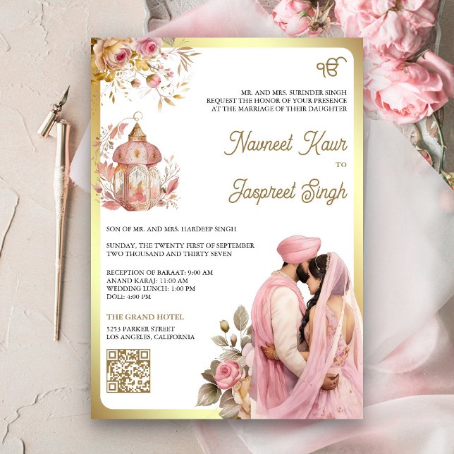 Convites Código QR Floral Rosa Claro Anand Karaj Casamento  (Criador carregado)