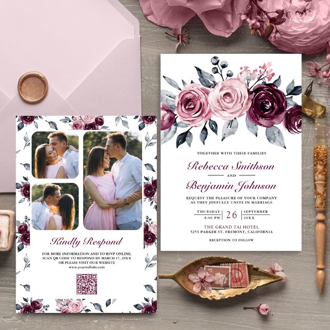 Convites Código QR Floral Rosa Empoeirado Ameixa Roxo Casam (Criador carregado)