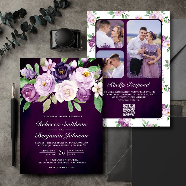 Convites Código QR Floral Roxo de Berinjela Casamento Sombr (Criador carregado)
