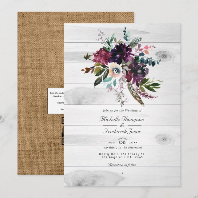 Convites Código QR Floral Rústico RSVP Casamento Boêmio (Frente/Verso)