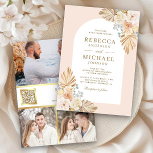 Convites Código QR Floral Terroso empoeirado Foto Casamento