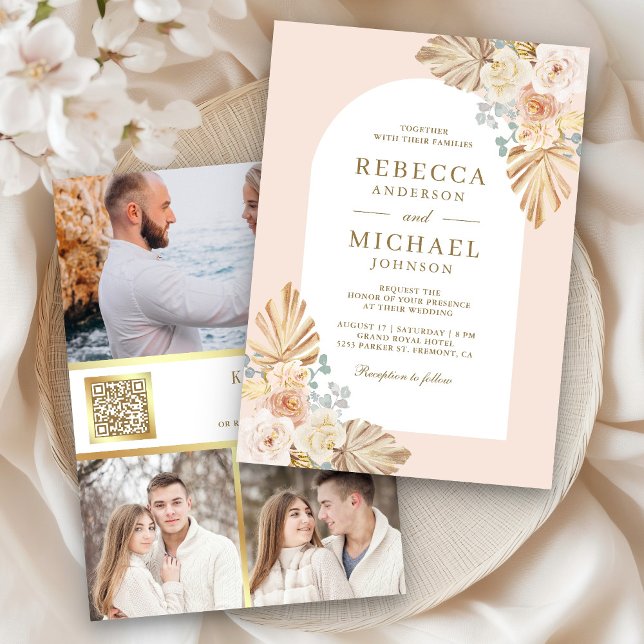 Convites Código QR Floral Terroso empoeirado Foto Casamento (Criador carregado)