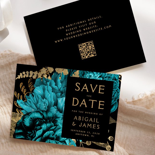 Convites Código QR Floral Turquoise Casamento Salvar Data (Criador carregado)
