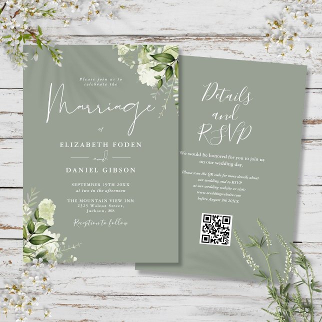 Convites Código QR Floral Verde Oliva Casamento Vegetação (Greenery Floral QR Code Sage Green Wedding Invitation)