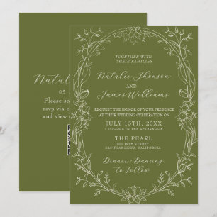 Convites Código QR Floral Verde Oliva Luxuoso para Casament