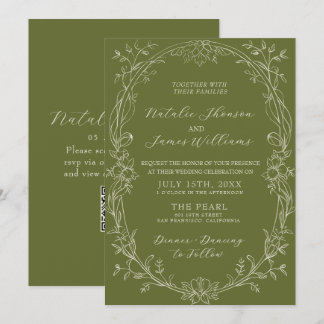 Convites Código QR Floral Verde Oliva Luxuoso para Casament