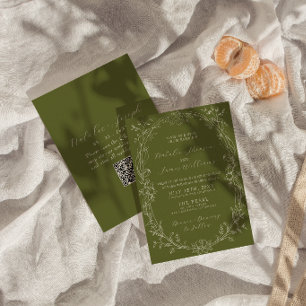 Convites Código QR Floral Verde Oliva Luxuoso para Casament