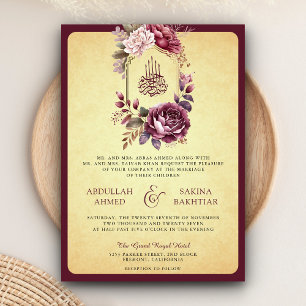 Convites Código QR Floral Vintage Borgonha Casamento Muçulm