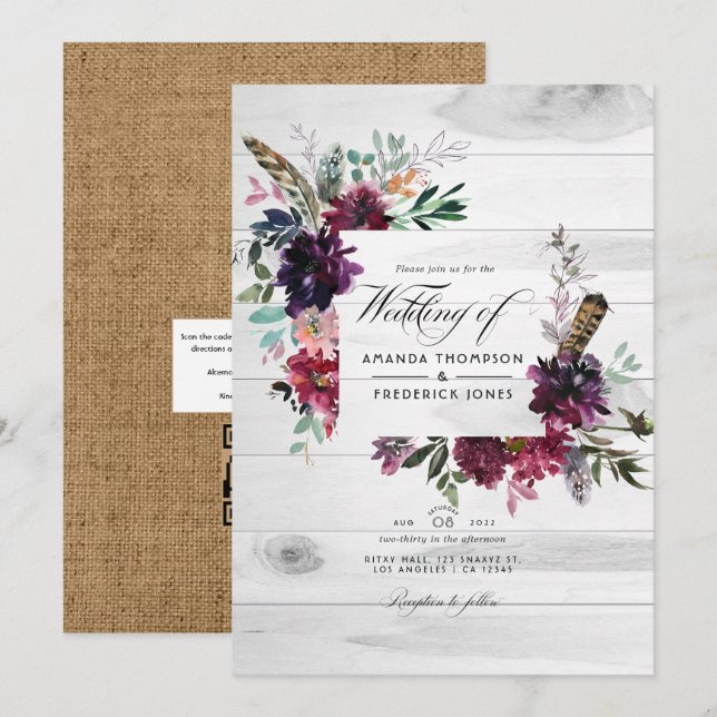 Convites Código QR Floral Violeta Resposta Boêmio Casamento (Frente/Verso)