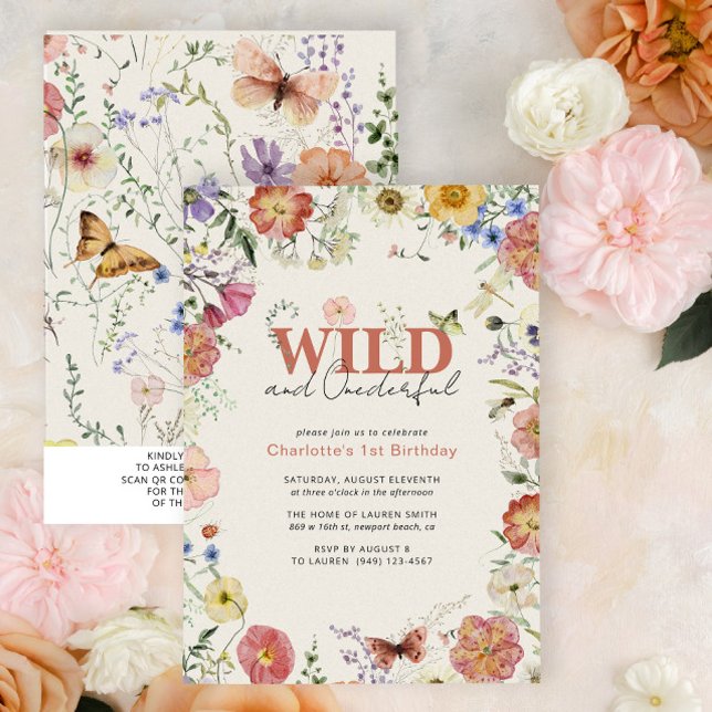 Convites Código QR Flores Presas Wild & OneMaravilha Aniver (QR Code 1st Birthday Invitation)