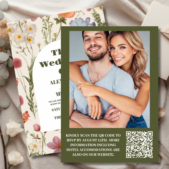 Convites Código QR Foto Boho Wildflower Casamento Botânico (Criador carregado)