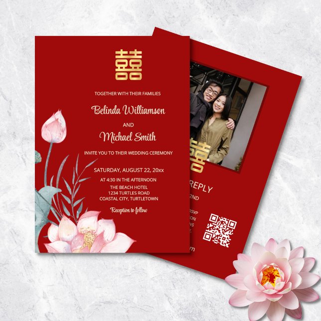 Convites Código QR Foto | Casamento Chinês Lotus (Criador carregado)