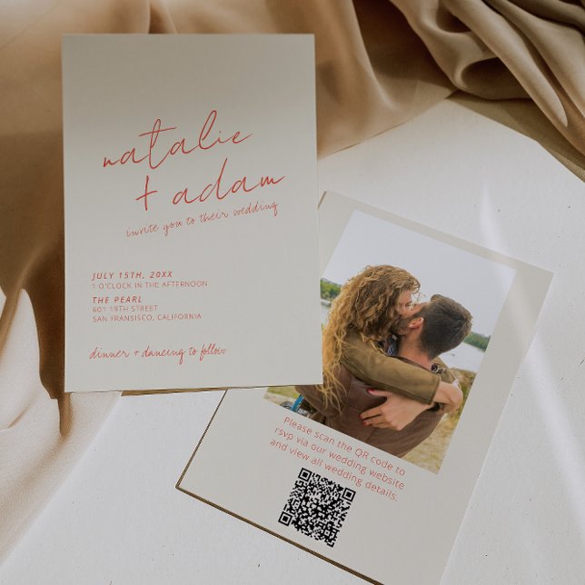 Convites Código QR Foto Casamento Divertido Laranja Retro E (Criador carregado)
