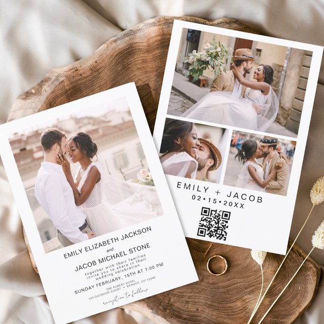 Convites Código QR: Foto de Casamento Branco Minimalista (Criador carregado)