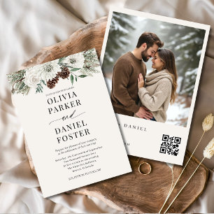 Convites Código QR Foto de inverno Elegante Evergreen Weddi