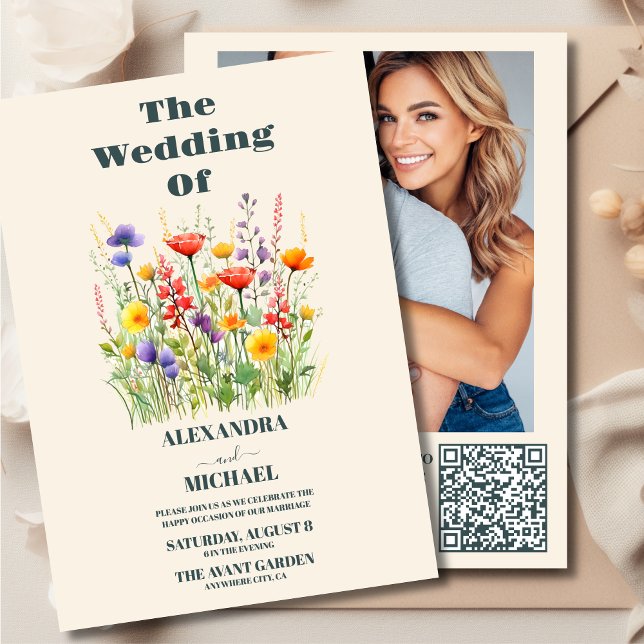 Convites Código QR Foto de Wildflower Wedding Boho País (Criador carregado)