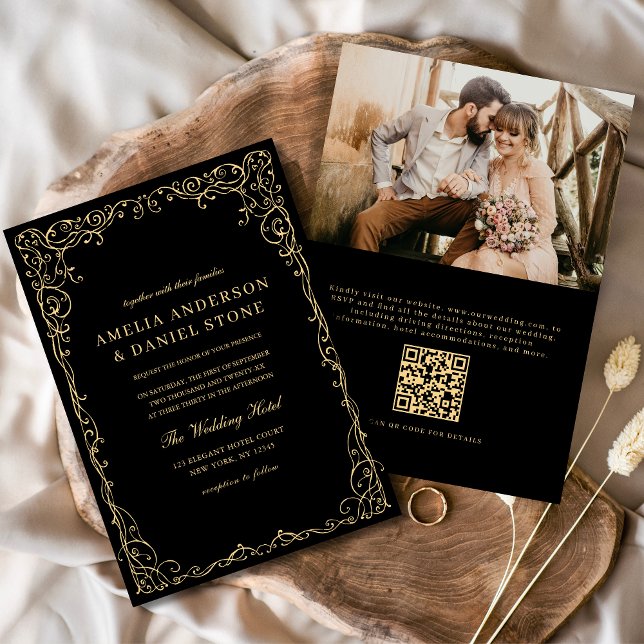 Convites Código QR Foto Dourada Casamento Minimalista Preto (Criador carregado)