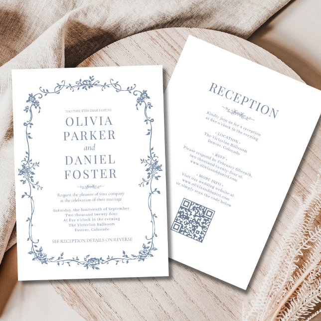 Convites Código QR francês - Tudo em um casamento azul empo (Criador carregado)