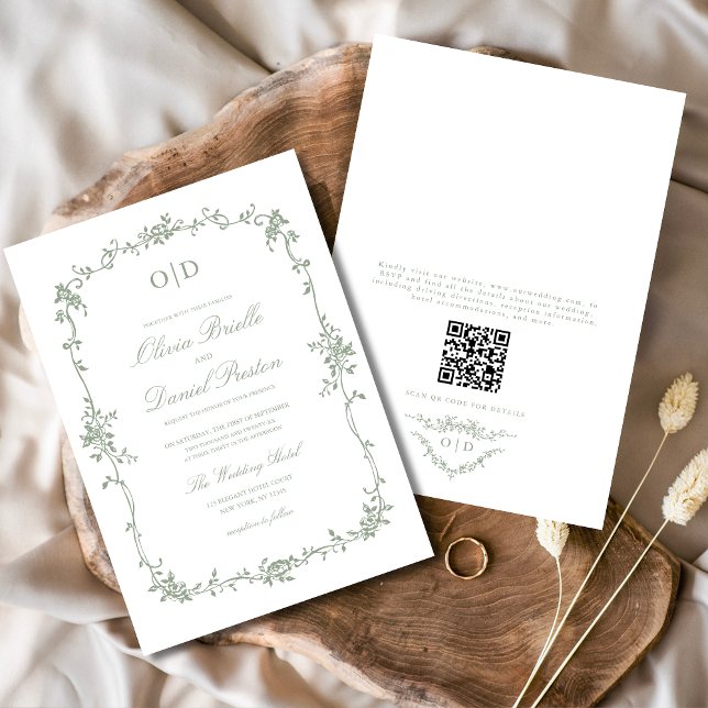 Convites Código QR francês vitoriano Sage Green Wedding (Criador carregado)