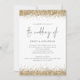 Convites Código QR Glam Gold Bordas com Brilho Casamento