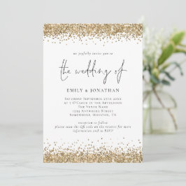 Convites Código QR Glam Gold Bordas com Brilho Casamento