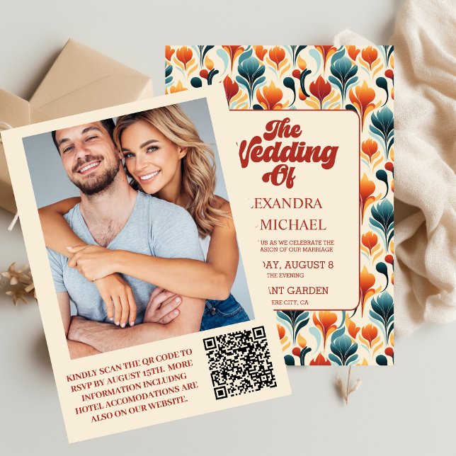 Convites Código QR Groovy Retro Floral Casamento Anos 70 (Criador carregado)